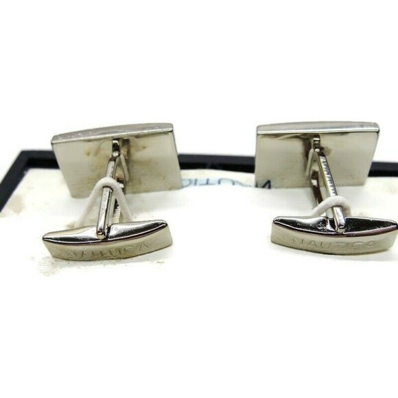 Nautica Rectangular Cufflinks Silver Tone Tux Shirt Dress Suit Vintage IOB - Picture 8 of 9